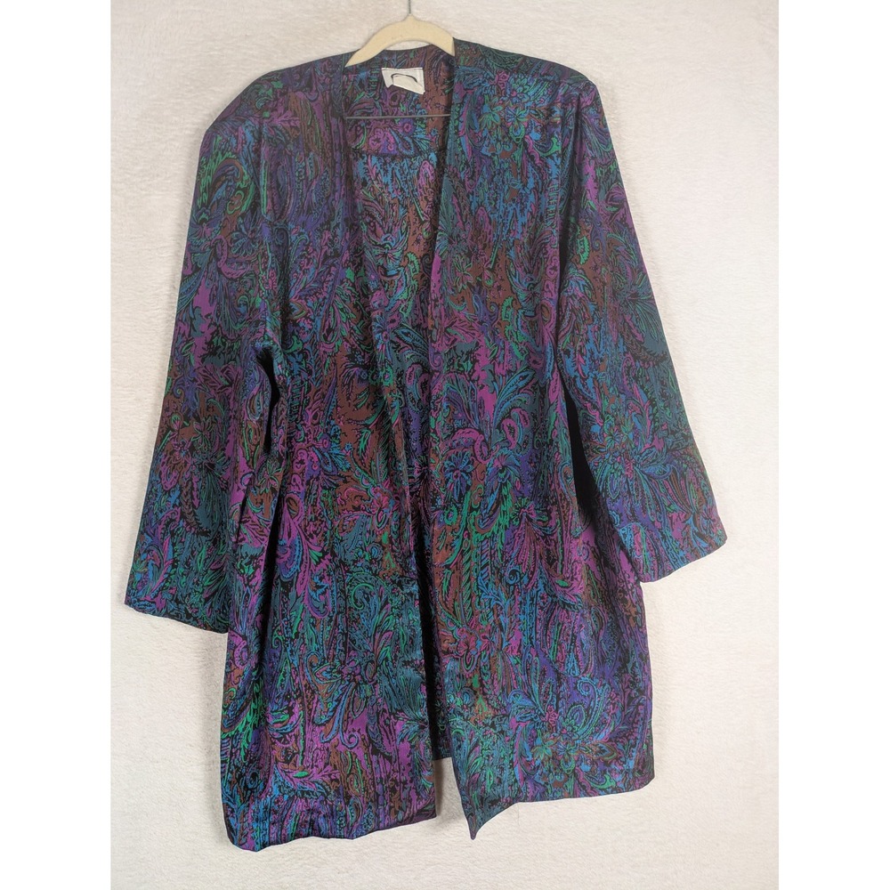 Cami Sport Duster Cardigan Women's XL Purple Paisley Open Front Vintage 90s Boho